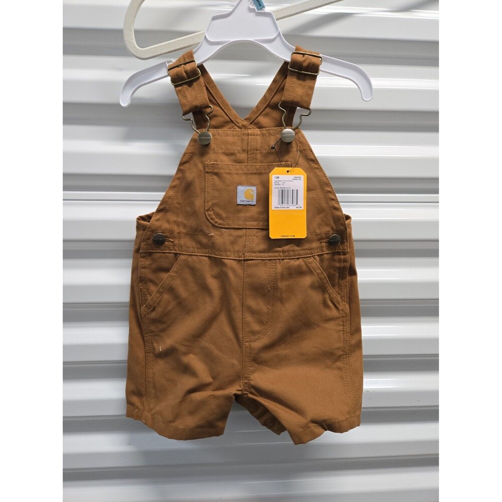 NWT 12 Months Carhartt Rugged Flex Loose Fit Denim Short Overalls Bibs Brown